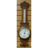 ORNATE OAK CARVED BANJO BAROMETER / THERMOMETER retailed by T J Williams, Cardiff