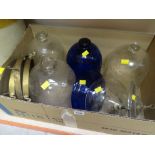 FOUR VINTAGE ETCHED GLASS BELL SHAPED CEILING LIGHTS, one blue glass with fittings