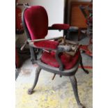 LATE-VICTORIAN CAST IRON & PADDED DENTAL / BARBER'S CHAIR ornamental floral back, claw feet,