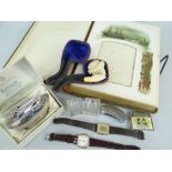 ASSORTED SMALL COLLECTABLES including two Rotary wristwatches (one without glass), a meerschaum