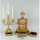 FRENCH PINK PORCELAIN & GILT METAL MANTEL CLOCK late nineteenth century of typical rococo form