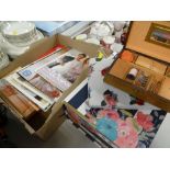 SMALL SEWING BOX & CONTENTS, collection of boxed vintage handkerchiefs, knitting patterns ETC