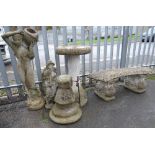 RECONSTITUTED STONE GARDEN STATUES, bird bath and small bench (outside)