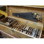 WOODEN TOOL BOX together with a large collection of moulding planes and saw