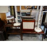 ASSORTED FURNITURE including oak tea trolley, white painted standard lamps, needle work trays,