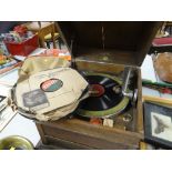 VINTAGE WOODEN CASED COLUMBIA GRAFONOLA WIND-UP GRAMOPHONE together with a collection of 78 rpm
