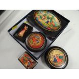 FIVE VINTAGE PAPIER MACHE CONTAINERS decorated with medieval and pastoral scenes