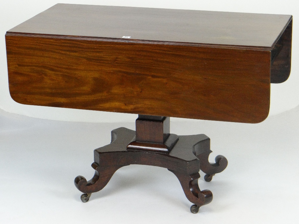 VICTORIAN MAHOGANY SOFA-TABLE, twin drop flaps, columnal supports with scroll feet and casters,