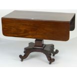 VICTORIAN MAHOGANY SOFA-TABLE, twin drop flaps, columnal supports with scroll feet and casters,