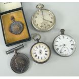 WORLD WAR I MEDAL, silver medallion, three pocket watches, one believed silver