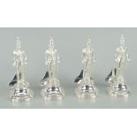 SET OF FOUR SILVER MENU HOLDERS IN THE FORM OF QUEENS HORSE GUARDS each standing on bell-shaped
