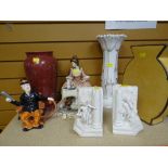 ASSORTED POTTERY to include Capodimonte figure of a seated female taking tea, vases, book ends ETC