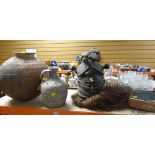 CARVED TRIBAL HEADDRESS, two Earthenware vessels and a volume of 'The Geographical Journal' dated