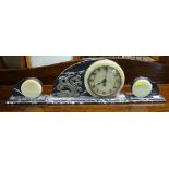 ART DECO MIXED MARBLE & ONYX CLOCK GARNITURE with decorative metallic seaweed mount