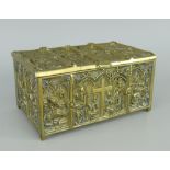 YELLOW METAL GOTHIC STYLE RELIC CASKET with panels of ecclesiastical figures, heavy quality (