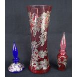 LAUGHARNE GLASS SILVER OVERLAID WAISTED VASE together with two similar scent bottles, each with