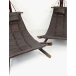 PAIR OF JATOBAH WOOD DOMINIC MICHAELIS 'SAIL' LOUNGE CHAIRS in chocolate cow-hide leather, foam