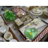 VARIOUS COLOURED GLASS & OTHER DRESSING TABLE SETS