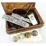 BROWN LEATHER FLEUR DE LYS DECORATED BOX CONTAINING ASSORTED COLLECTABLES to include cigarette-