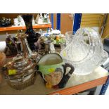 CUT GLASS CENTRE BOWL, vase, EPNS tray and flatware, Royal Doulton 'Sairey Gamp' character jug ETC