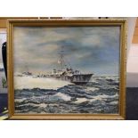 ENGLISH SCHOOL oil on board - Royal Navy WWII torpedo boats in crashing waves, signed P M Northway,
