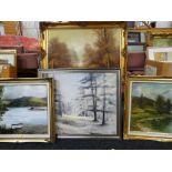 THREE GILT FRAMED OIL ON CANVAS DECORATIVE FURNISHING PAINTINGS, country and lakeside scenes, 60 x