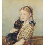 LILIAN RUTTER watercolour- portrait of a girl holding her cat, signed, 22 x 20cms