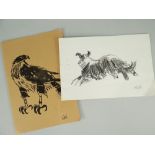 TWO SIR KYFFIN WILLIAMS RA Christmas card prints - sheepdog and hawk, with 'Happy Christmas -