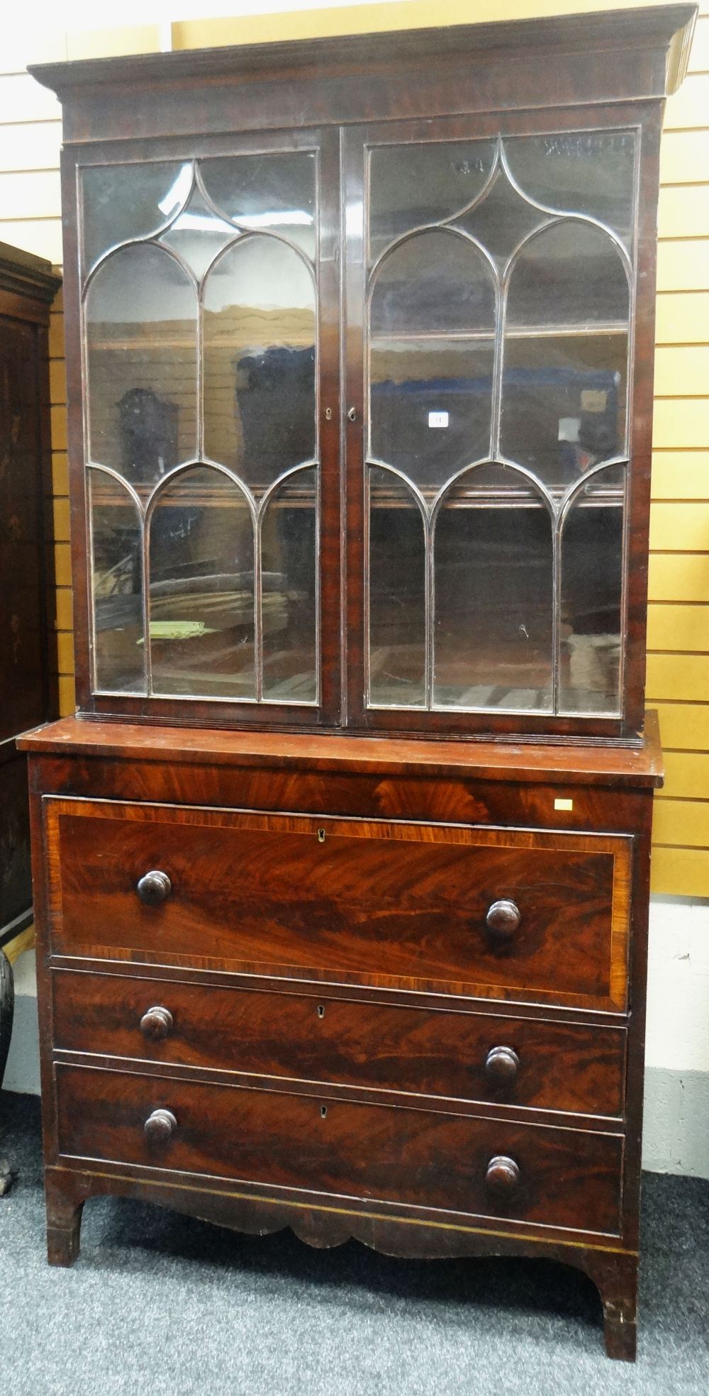 19TH CENTURY MAHOGANY SECRETAIRE BOOKCASE, the base of two drawers and drop down writing desk - Image 3 of 3