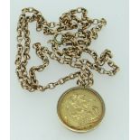 GEORGE V 1913 GOLD FULL SOVEREIGN IN 9CT GOLD MOUNT on 9ct yellow gold oval link chain, 23.9gms