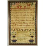 EARLY VICTORIAN COLOURED WOOL-WORK SAMPLER, alphabetical centre poem, the lower section with