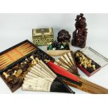 ASSORTED COLLECTABLES including sundry boxes of chess men, ornamental fans, oriental souvenirs ETC