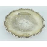 GEORGE VI SILVER PRESENTATION PEDESTAL COMPORT having pie crust rim and engraved 'To Mrs Jordon