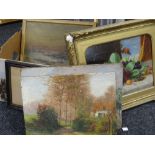 ASSORTED FRAMED & UNFRAMED PAINTINGS including gilt framed oil on canvas, still life, fruit and