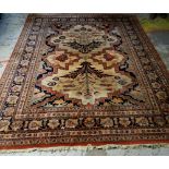 MAINLY BROWN & BLUE GROUND WOOLEN SAMARKAND RUG with pattern border and mirrored flower decoration