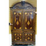 19TH CENTURY MARQUETRY STANDING CORNER CUPBOARD having a two door base, two door upper section