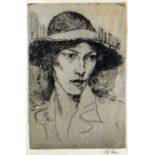 AUGUSTUS JOHN etching - head and shoulders portrait of a lady in summer hat, 17 x 11.5cms, signed