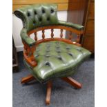 REPRODUCTION BUTTON GREEN LEATHER SWIVEL CAPTAIN STYLE CHAIR