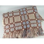 TRADITIONAL WELSH WOOLEN BLANKET, brown ground with blue and cream geometric decoration and