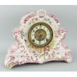 19TH CENTURY FLORAL DECORATED POTTERY CLOCK inscribed verso 'Dresden' 8 day, hour and half hour,