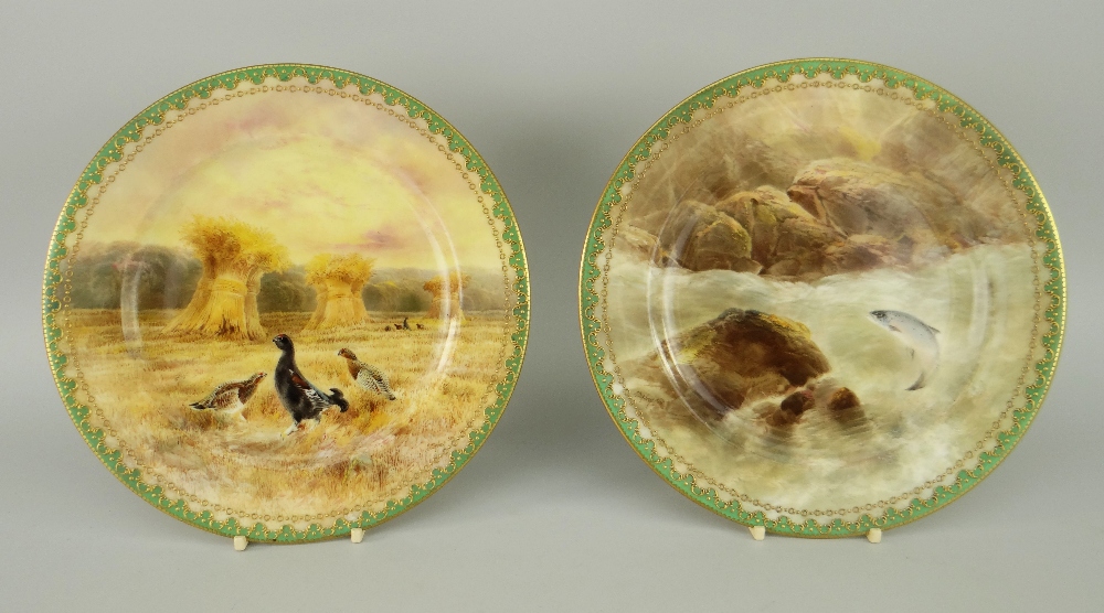 TWO SIMILAR ROYAL DOULTON HAND PAINTED CABINET PLATES, both signed 'J. Birbeck Senior', titled '