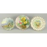 THREE ROYAL DOULTON HAND PAINTED CABINET PLATES including tiger signed 'C. Heart', floral spray