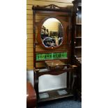 VINTAGE MIRROR & TILE-BACK MAHOGANY HALL STAND with glove compartment, shaped mirror and set of