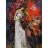 20TH CENTURY BRITISH SCHOOL oil on canvas - lady cellist, indistinctly signed verso, inscribed '