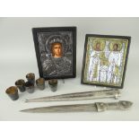 TWO REPRODUCTION RELIGIOUS ICONS & WHITE METAL ORNAMENTAL SWORD & SCABBARD, one of the icons