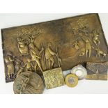HEAVY BRONZE RECTANGULAR PLAQUE depicting figures in a landscape, singed, label verso for a 1986
