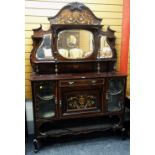 TURN OF THE CENTURY ROSEWOOD & MARQUETRY CABINET SIDEBOARD composed of flanking glass cabinets,