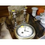 BRASS MERCER SHIP'S CLOCK, small postal paper scales, EPNS candlesticks and tie press