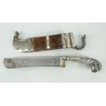 WHITE METAL ARABIAN DAGGER & SCABBARD, the handle in the form of a mythical bird creature, the