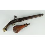 REPRODUCTION ORNAMENTAL FLINTLOCK PISTOL with mother of pearl inlay and brass decoration, together
